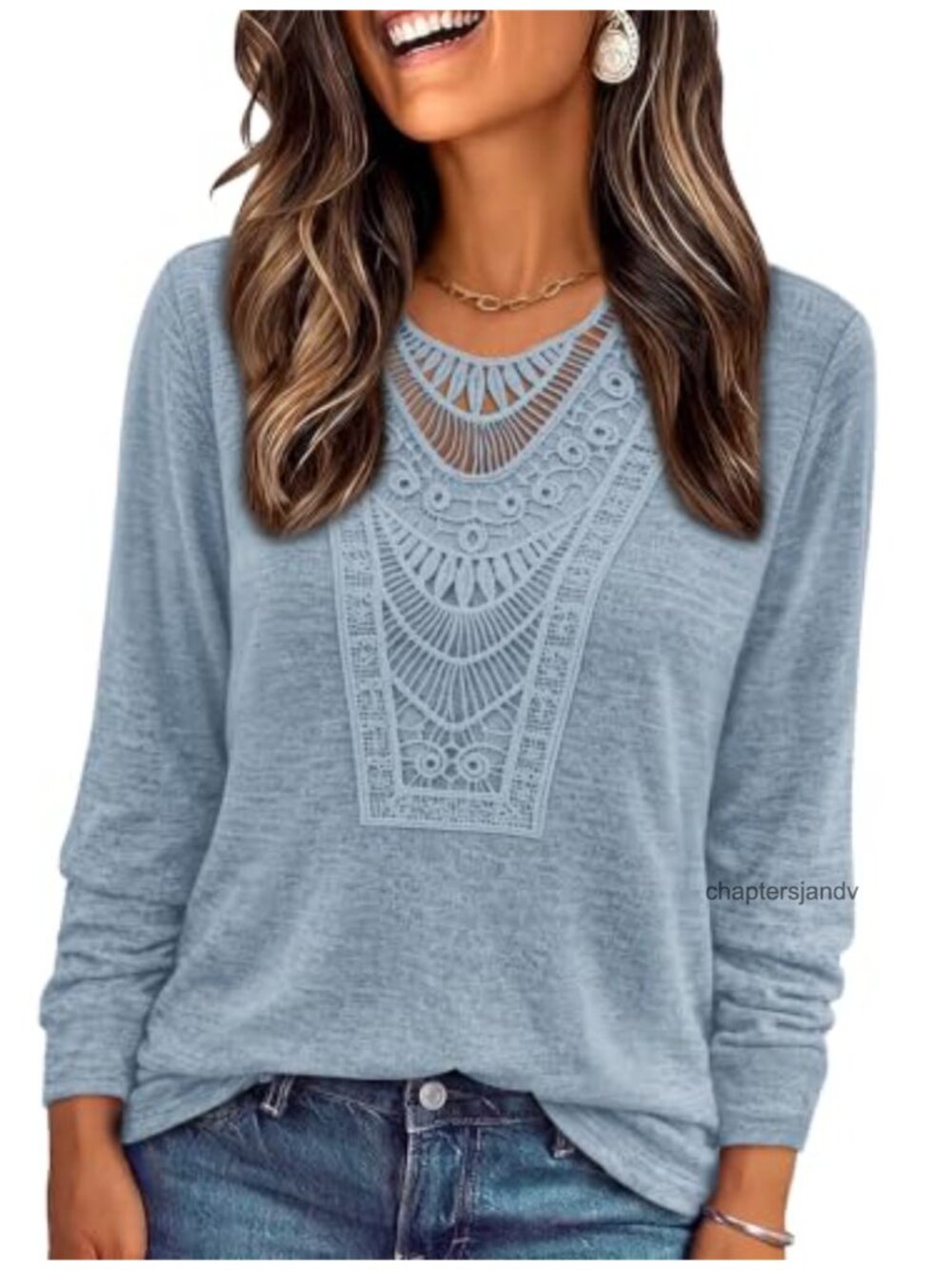 Long Sleeve Boho Blouse V-Neck Lace Pullover Top for Women Dressy Casual